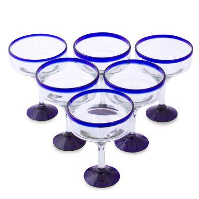 Cobalt Contrasts,'Eco Friendly Set of Six Hand Blown Margarita Glasses'