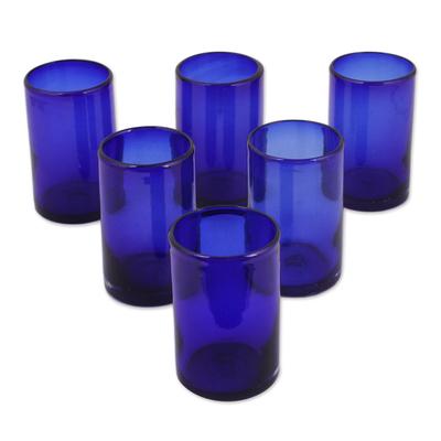 'Solid Blue' (set of 6) - Handblown Glass Recycled Blue Tumblers Drinkware
