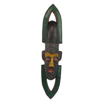 North and South,'Hand Carved African Sese Wood and Aluminum Mask from Ghana'