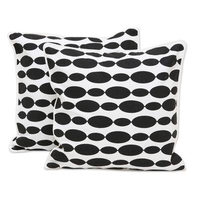 Elliptical Beauty,'Set of 2 Modern Black and White Print Cotton Cushion Covers'