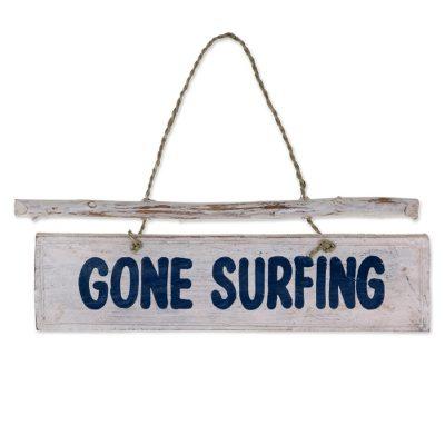 Gone Surfing,'Hand Carved Wood Nautical Sign with Grass Cord Indonesia'