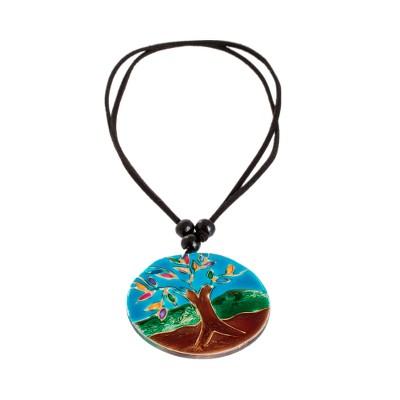 'Tree-Themed Glass Pendant Necklace in Blue from Costa Rica'