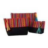 Andean Triplets,'Handmade Wool Trim and Suede Cosmetic Bag from Peru Set of 3'