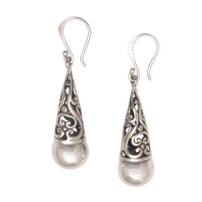 Rain Droplet,'Sterling Silver Engraved Balinese Earrings'
