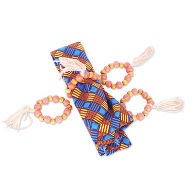 Ghanaian Hospitality,'4 Wood and Recycled Glass Beaded Napkin Rings with Tassels'