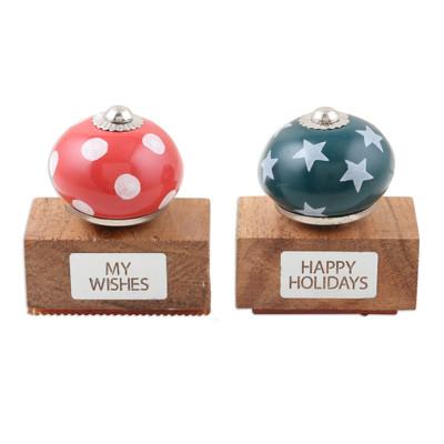 Holiday Wishes,'2 Ceramic Wood Christmas Stamps Crafted and Painted by Hand'