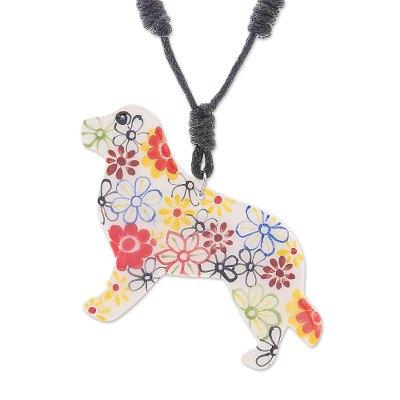 Floral Dog,'Ceramic Dog Pendant Necklace with Painted Floral Motifs'