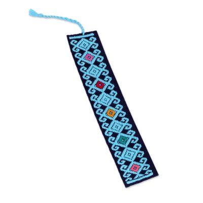 Scrolling Diamonds in Blue,'Hand Crafted Sky Blue on Navy Embroidered Cotton Bookmark'