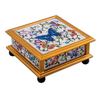 Ivory Winter Butterflies,'Butterflies on an Ivory Reverse Painted Glass Decorative Box'