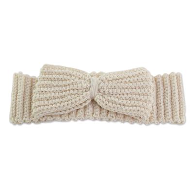 Alabaster Bow,'Crocheted Cotton Headband with Bow from Guatemala'