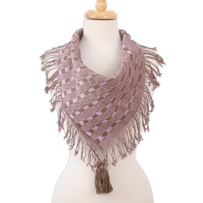 Old Lilac,'Handwoven Cotton Scarf in Sepia and Lilac from Mexico'