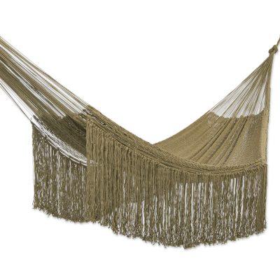 Olive Cascade,'Fringed Olive Green Cotton Rope Double Hammock Mexico'