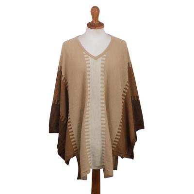 Subtle Paths in Brown,'100% Alpaca Poncho with Bro...