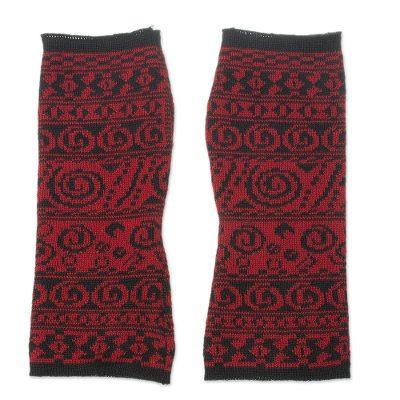 Crimson World,'Alpaca Blend Fingerless Gloves in Crimson and Black'