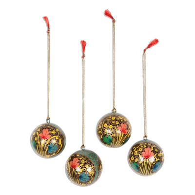 Flowery Cheer,'Colorful Floral Papier Mache Ornaments from India (Set of 4)'