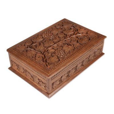 Walnut wood jewelry box, 'Tempting Grapes'