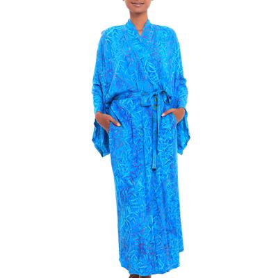 Floral Breeze,'Blue and Green Batik Print Long Sleeved Rayon Robe with Belt'