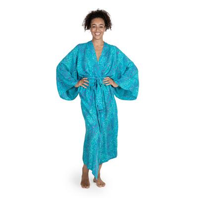 Floral Breeze,'Blue and Green Batik Print Long Sleeved Rayon Robe with Belt'