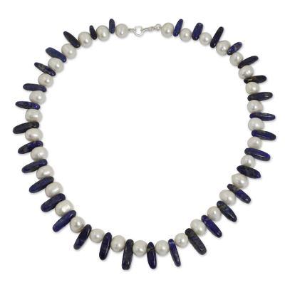 Lapis lazuli and pearl strand necklace, 'Devoted Love'