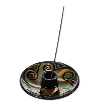 'Handcrafted Swirl-Patterned Round Ceramic Incense Holder'