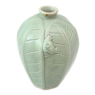 Frangipani Frog,'Handcrafted Ceramic Vase with Leaves and Frog'