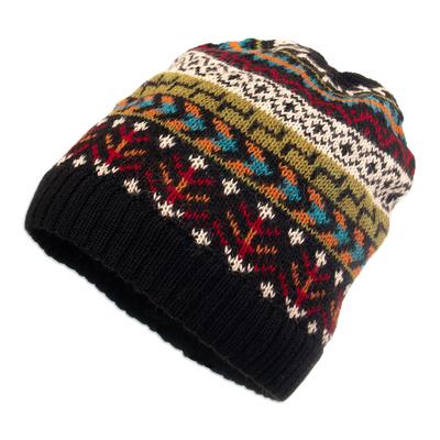 Motif Medley,'Multi-Color 100% Alpaca Knit Hat with Geometric Motifs'