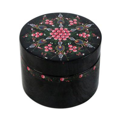Floral Abundance,'Black and Pink Floral Round Lacquered Box'