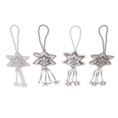 Grey Fleeting Stars,'Glass Beaded Star Ornaments from Guatemala (Set of 4)'