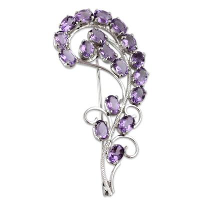 'Purple Paisley' - Floral Sterling Silver Amethyst Brooch Pin Indian Jewelry