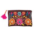 Warm Andean Paradise,'Brown 100% Alpaca Cosmetic Bag with Floral Embroidery'