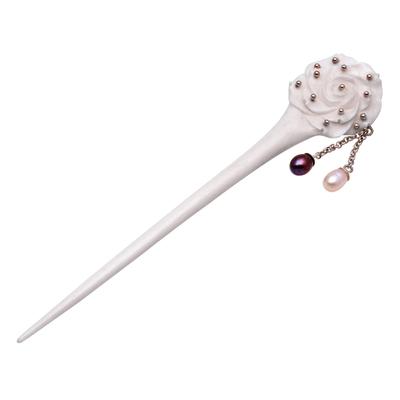 Studded Rose,'Rose Flower Bone and Cultured Pearl Hair Pin from Bali'