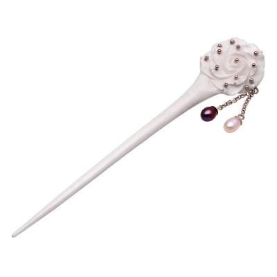 Studded Rose,'Rose Flower Bone and Cultured Pearl Hair Pin from Bali'