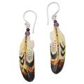 'Hand-Carved Feather Dangle Earrings with Amethyst'