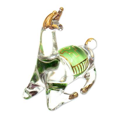 'Gilded Clear & Green Glass Llama Figurine Hand-Blown in Peru'