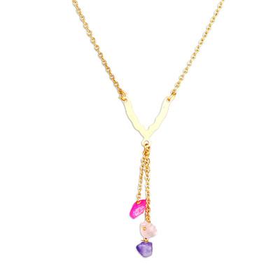 Dangling Style,'Brass Y Necklace with Colorful Quartz Chips from India'