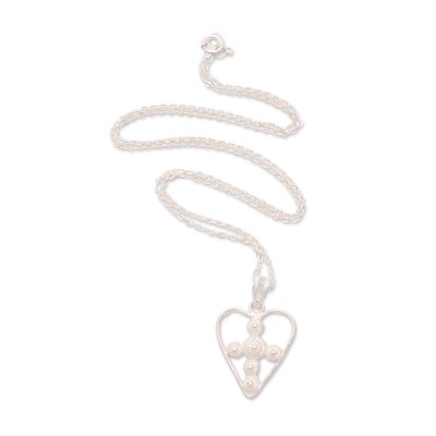 Heart Stars,'Sterling Silver Filigree Heart Necklace from Java'