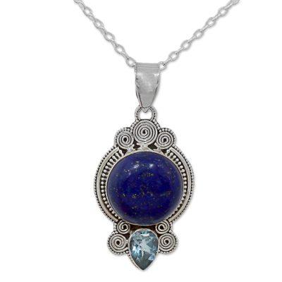 Glamorous Blue,'Hand Made Lapis Lazuli Blue Topaz Pendant Necklace India'