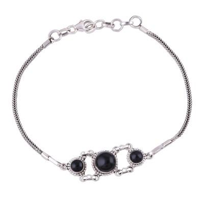 Bridge to Delhi,'Onyx Pendant Bracelet with Sterling Silver Foxtail Chain'