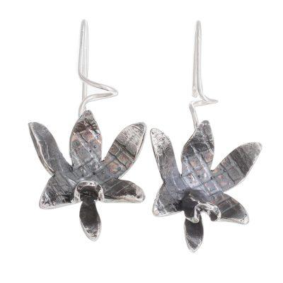 Fascinating Dark Orchids,'Oxidized Sterling Silver Orchid Drop Earrings'