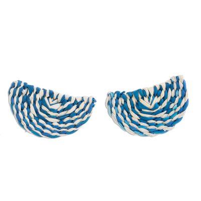 'Blue and Ivory Woven Junco Reed Half-Circle Button Earrings'
