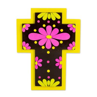 Neon Flowers,'Vibrant Floral Gourd and Wood Wall Cross from El Salvador'