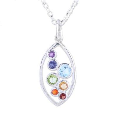 'Multi-Gemstone and Sterling Silver Ellipse Pendant Necklace'