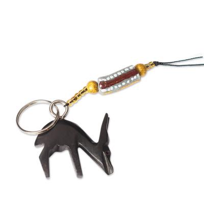 Deer,'Ebony Deer Keychain with Recycled Glass & Wood Beads'