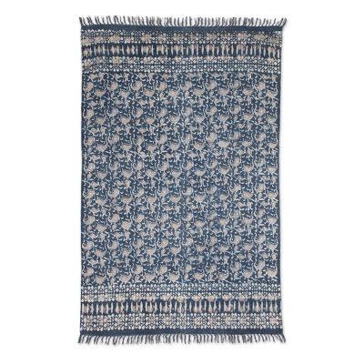 Paisley Garden,'Paisley Motif Cotton Area Rug in Azure from India (4x6)'