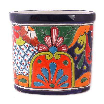 'Floral Talavera-Style Ceramic Waste Bin from Mexico'