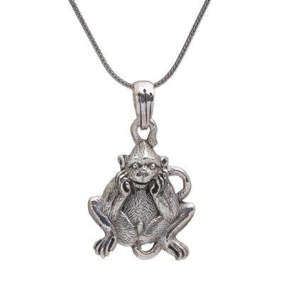 Smiling Lutung,'Sterling Silver Lutung Monkey Pendant Necklace from Bali'