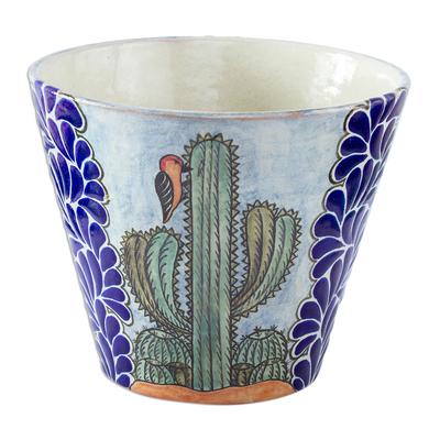 Puebla Flora,'Hand Painted Cactus Motif Ceramic Planter from Puebla'