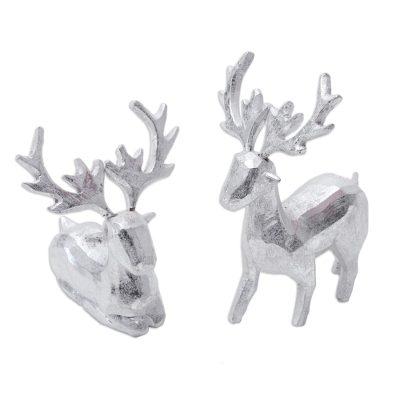 Silver Reindeer,'Pair of Holiday Reindeer Wood Figurines Handcrafted in Bali'