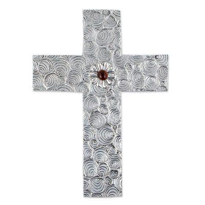 Heaven's Clouds,'Mexican Flower Motif Aluminum Repousse Wall Cross'