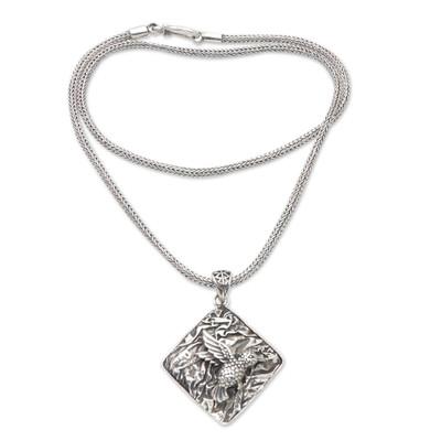 Merry Hummingbird,'Sterling Silver Geometric Pendant Necklace with Hummingbird'
